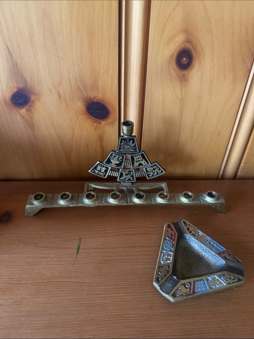 Brass Hanukkah Menorah Set with Etched Panels Small triangle ashtray- Gold Tones
